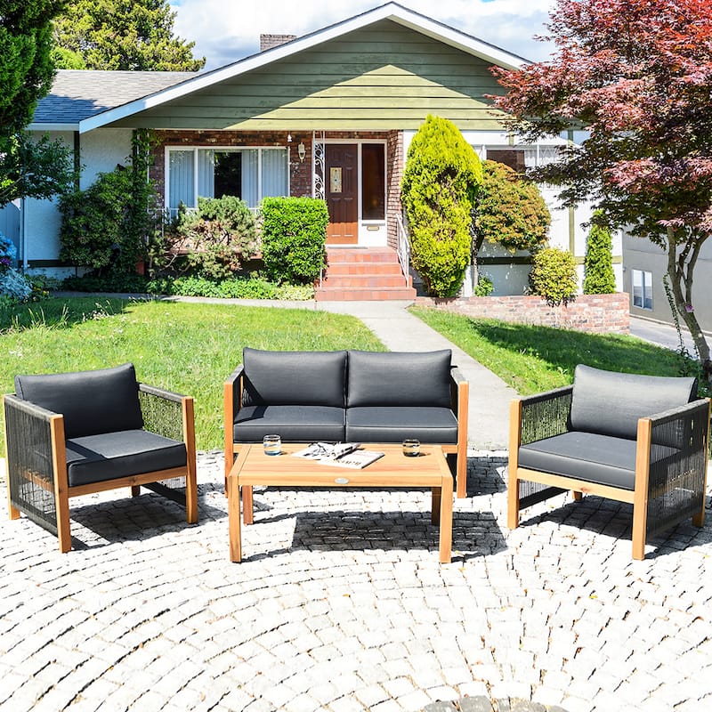 Costway 8PCS Wooden Patio Furniture Set Cushioned Sofa W/Rope Armrest