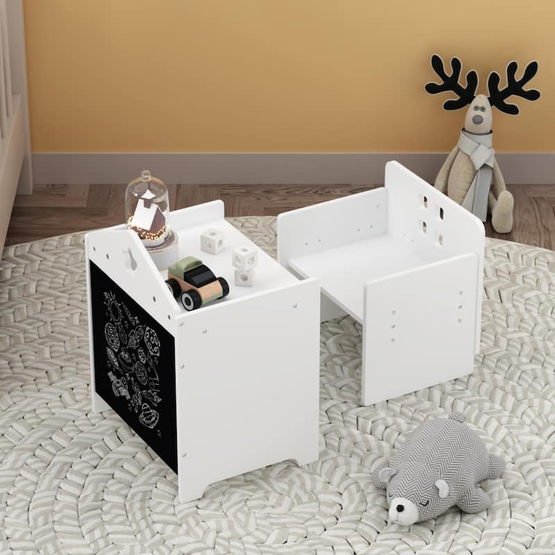 Kids Montessori Weaning Table and Chair Set, Kids Activity Table Step Stools with Blackboard & 3 Heights Adjustable - White