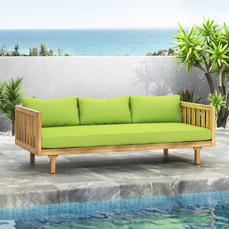 Claremont Outdoor 3-seat Acacia Wood Daybed by Christopher Knight Home - Teak Finish + Green Cushion