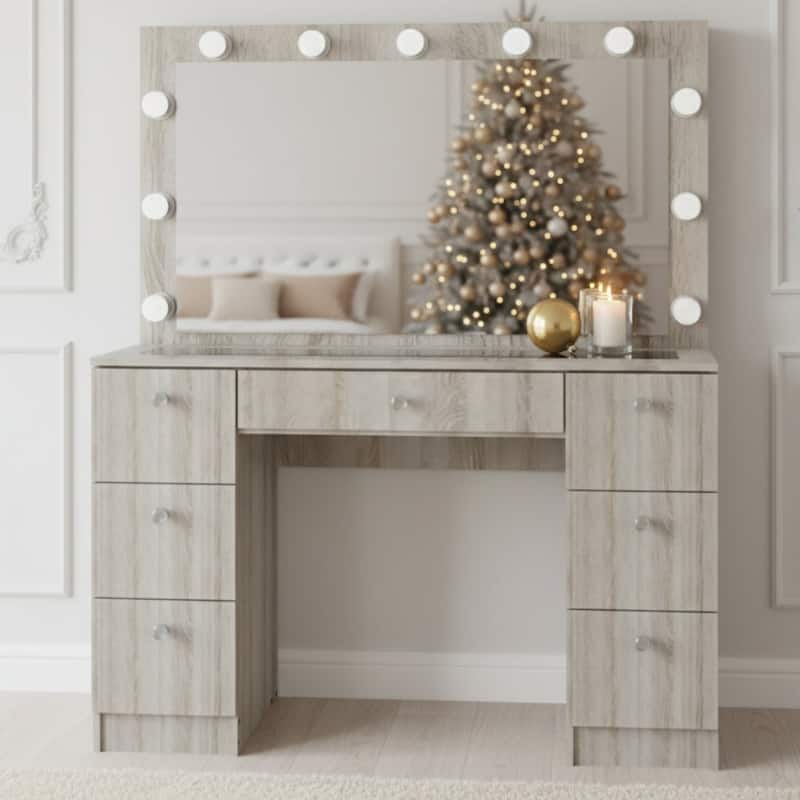 Modern White Makeup Vanity Desk with 13 Dimmable Lights, Glass Top, USB-A & USB-C, 7 Drawers, Hair Dryer Holder, and Stool - Grey