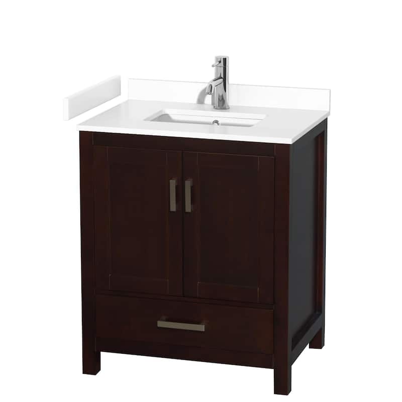 Wyndham Collection Sheffield 30" Single Bathroom Vanity, Carrara - Espresso / White Cultured Marble Top / Brushed