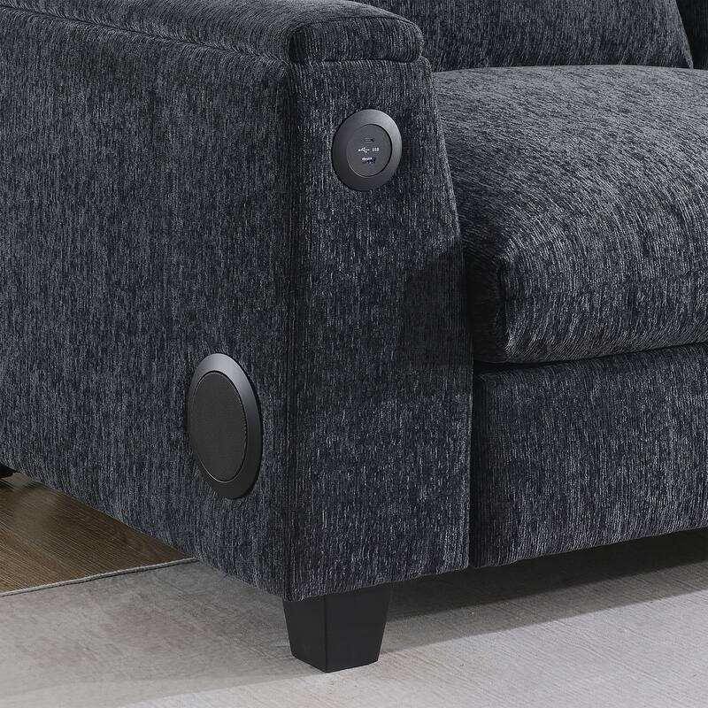 Chenille Sectional Sofa With Bluetooth Speaker,Cloud Couch Set With Drop Down Table,Cup Holders,Usb Charger,Storage Armrest