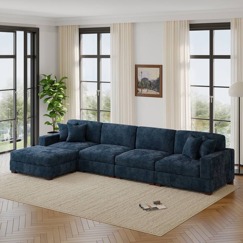 Modern Oversized Chenille Modular Sectional Sofa with Ottoman - Blue-5 Piece