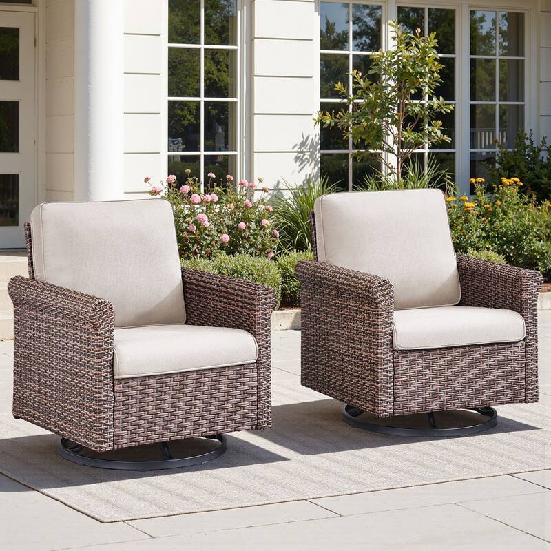 Pocassy Outdoor Sofa with Swivel Chairs Funiture Set - 2PCS Swivel Chairs - Brown Wicker Blue Cushion