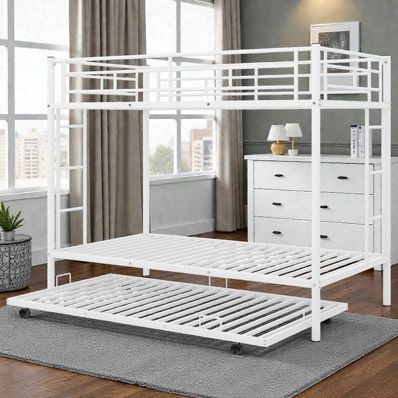 Twin over Twin Metal Bunk Bed with Trundle, Space Saving Bunk Bed with Ladder and Guardrails