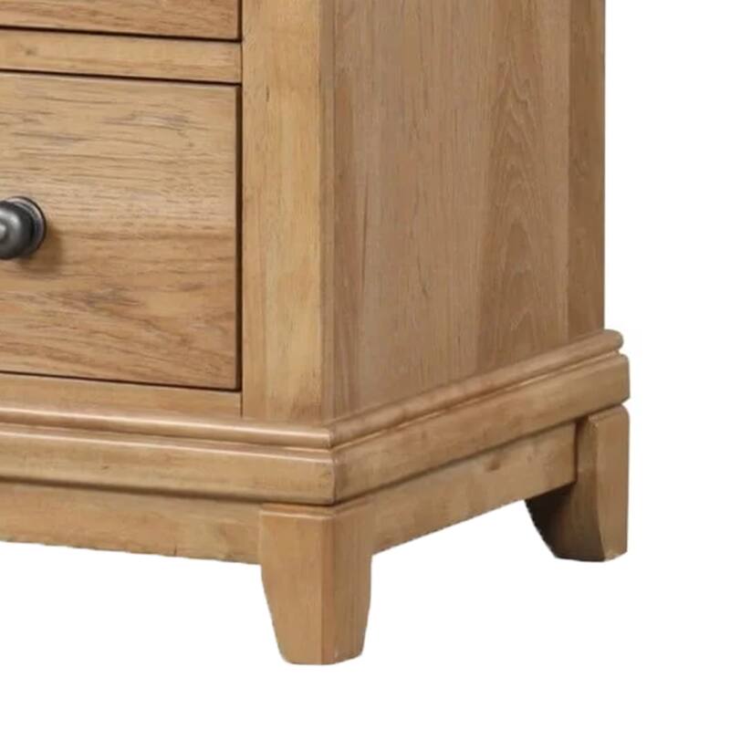 Lexa Tall Dresser Chest, 5 Drawers, Natural Oak Brown Wood, Pewter Metal