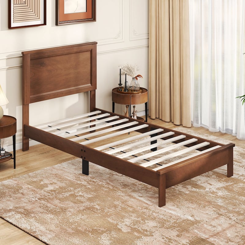 Walnut Rubber Wood Twin Size Platform Bed Frame with Slats Support and Headboard Underbed Storage Space