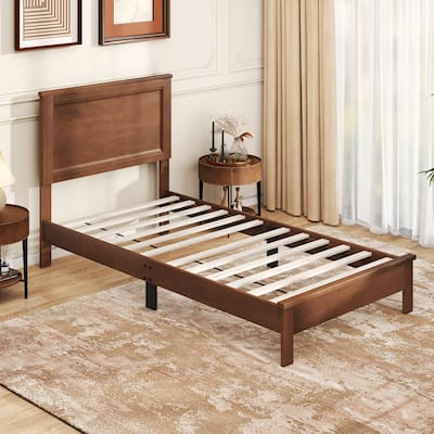 Walnut Rubber Wood Twin Size Platform Bed Frame with Slats Support and Headboard Underbed Storage Space
