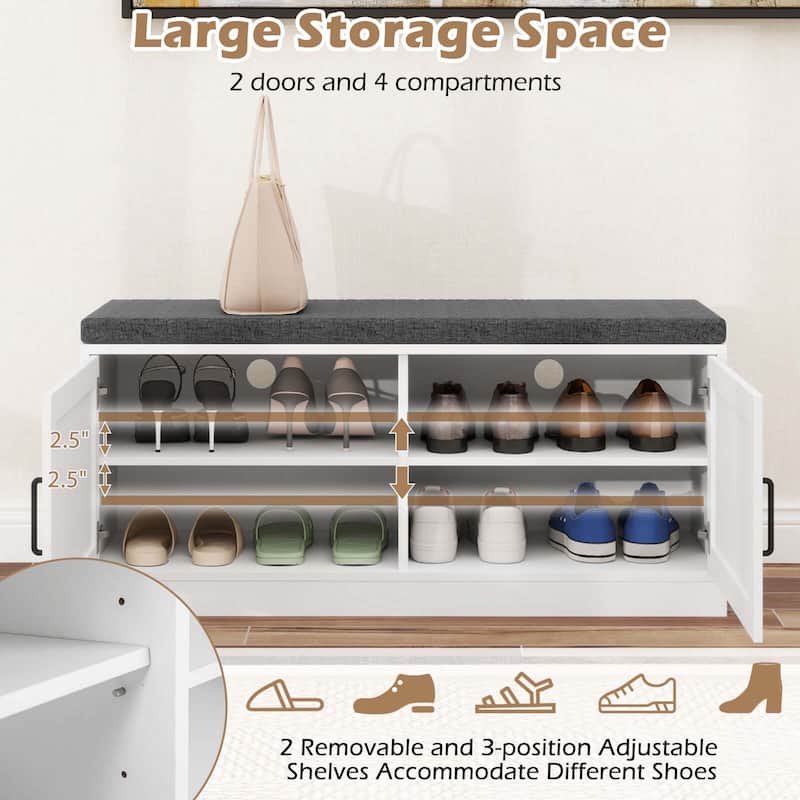 Costway Shoe Bench Farmhouse Shoe Rack Organizer with Cushion 2 Doors - See Details