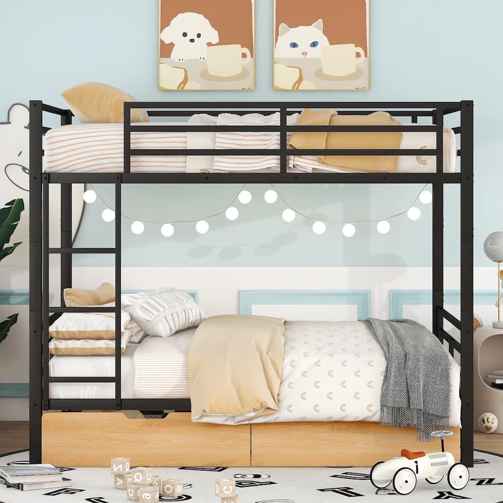 Full Size Convertible Metal Bunk Bed with 2 Drawers, for Kids