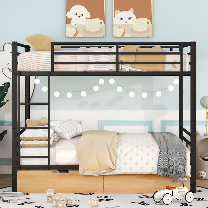 Full Size Convertible Metal Bunk Bed with 2 Drawers and Ladder, Space-Saving Design