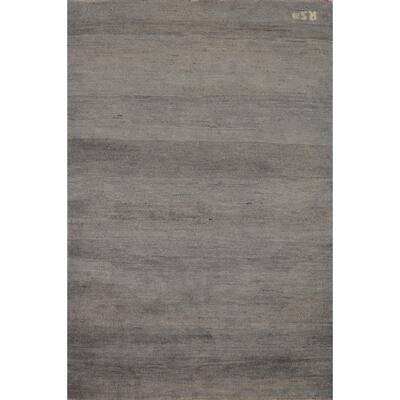 Solid Gray Gabbeh Modern Foyer Rug Hand-Knotted Wool Carpet - 3'3"x 4'10"