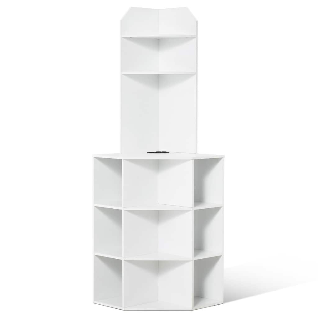 Modern 12-Shelf Corner Cabinet with Charging Station and Adjustable Storage for Bedroom or Study - 28.1"L x 21.3"W x 64.3"H