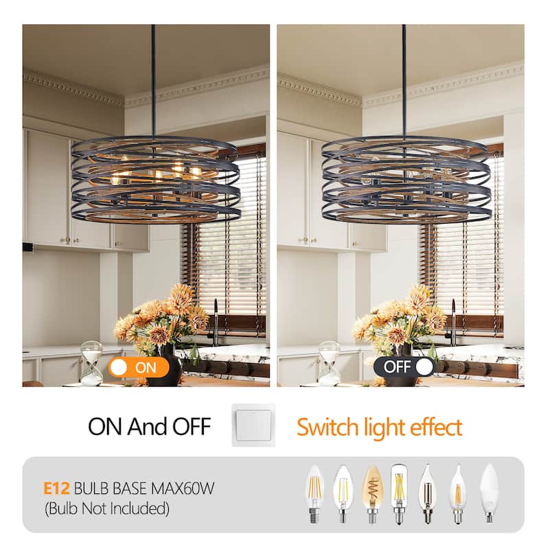 20" Rustic Industrial Pendant Light, 5-Light Black and Walnut Metal Cage Chandelier with Wood Accent