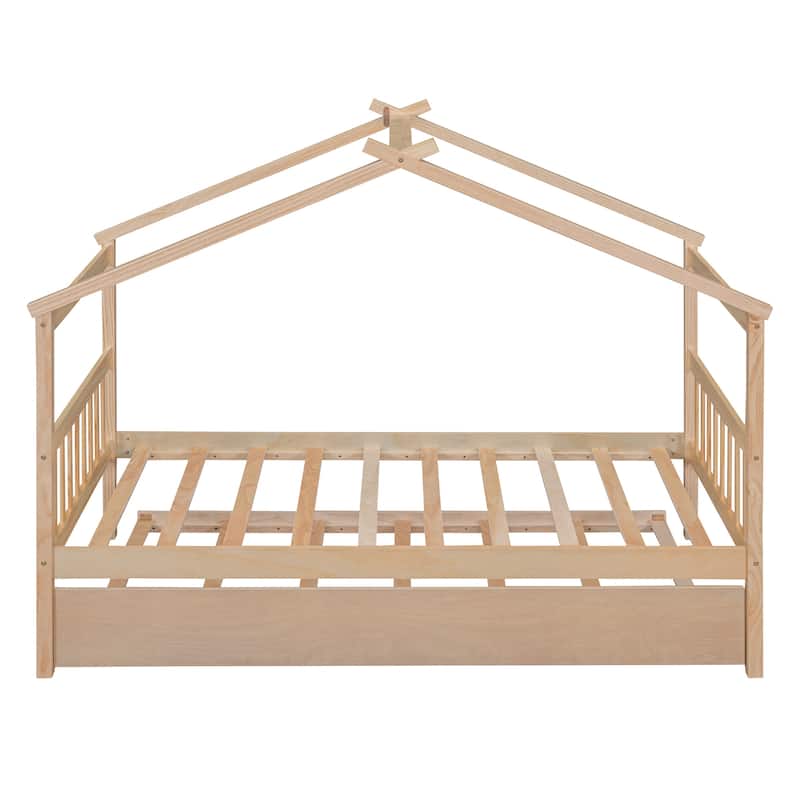 Solid Wooden House Bed with Twin Size Trundle