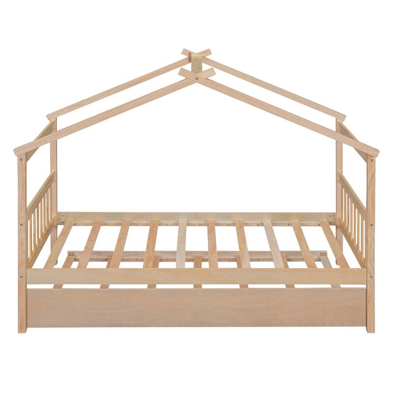 Twin/Full House Bed with Pull-Out Trundle, Solid Pine Wood Frame for Sleepovers