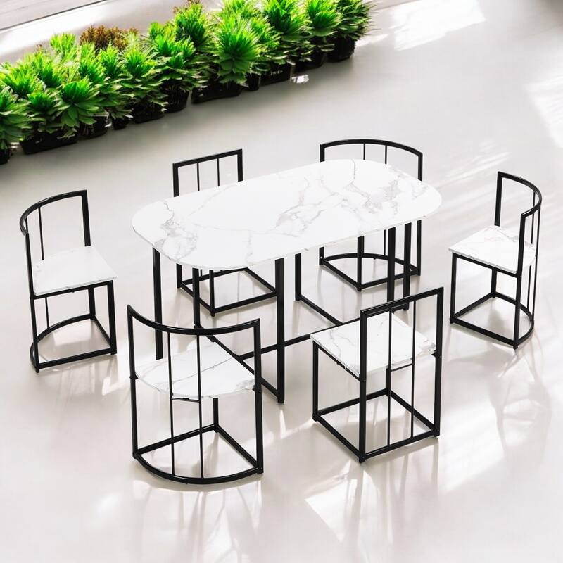 Modern 7-Piece Dining Set with Faux Marble 55" Compact Table and 6 Triangular Chairs for Small Spaces and Dining Room