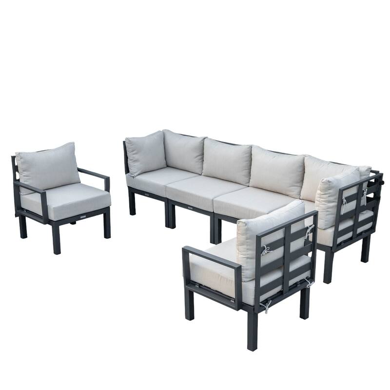 Chelsea 6-Piece Outdoor Patio Sectional Set in Black Aluminum with Removable Cushions for Backyard Garden and Patio Deck - Beige