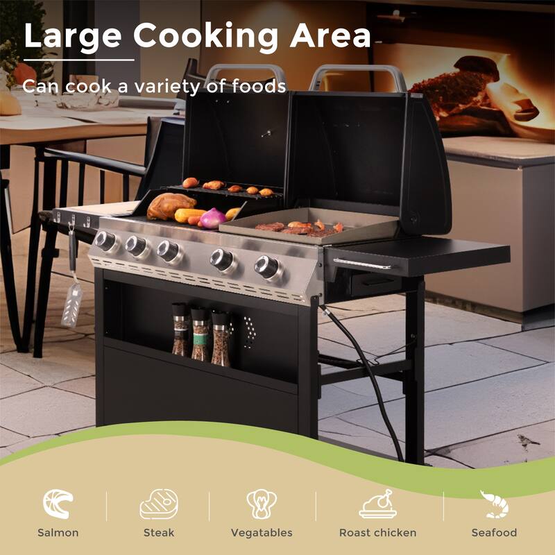 MAISON ARTS Propane Gas Griddle and Grill Combo - Porcelain-Enameled Cast Iron with Cast Iron Pan, 696 SQIN Cooking Area