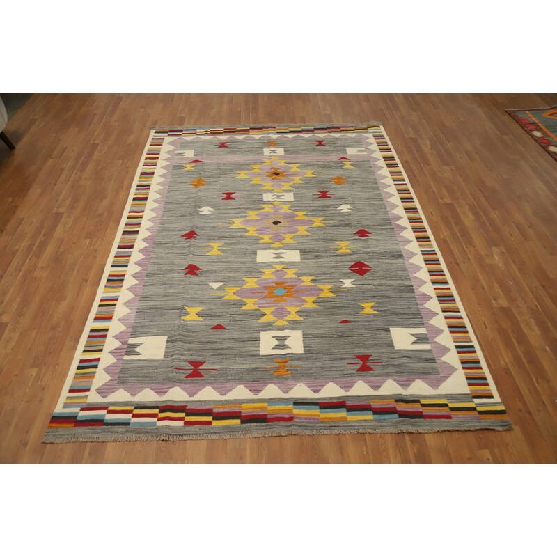 Hand Woven Oriental 100% Wool Carpet Southwestern Tribal Greys & Charcoal Kilim Area Rug - 9' 8'' X 6' 7''
