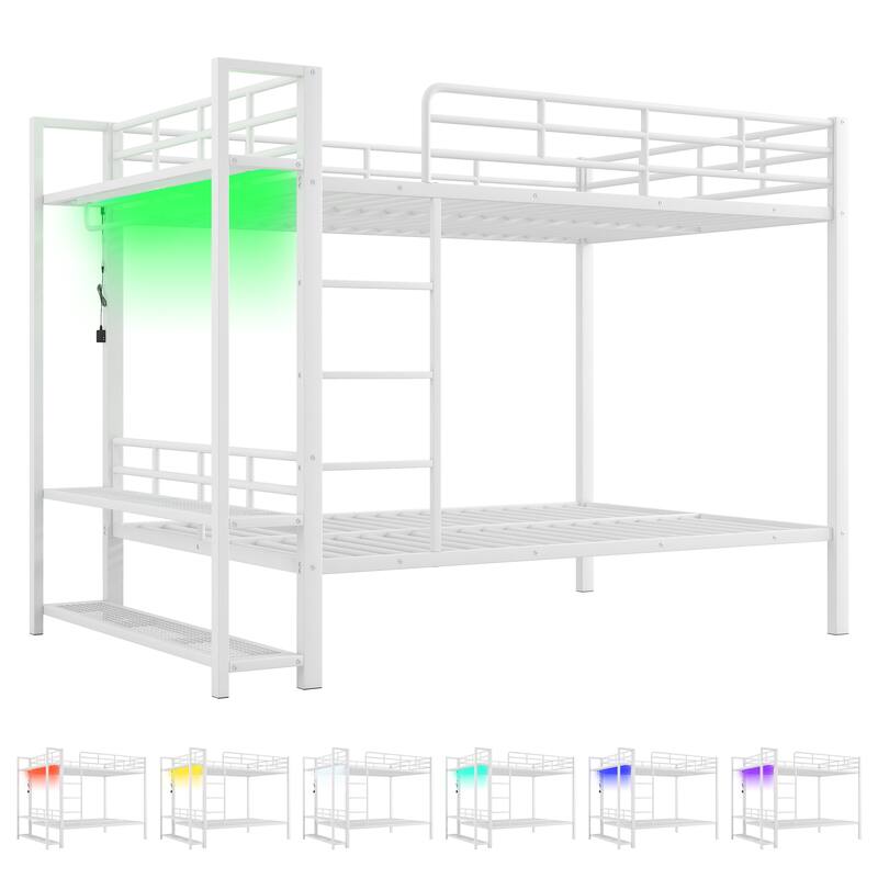 Full over Full Metal Bunk Bed with LED Light Strips, Storage Shelves Hooks