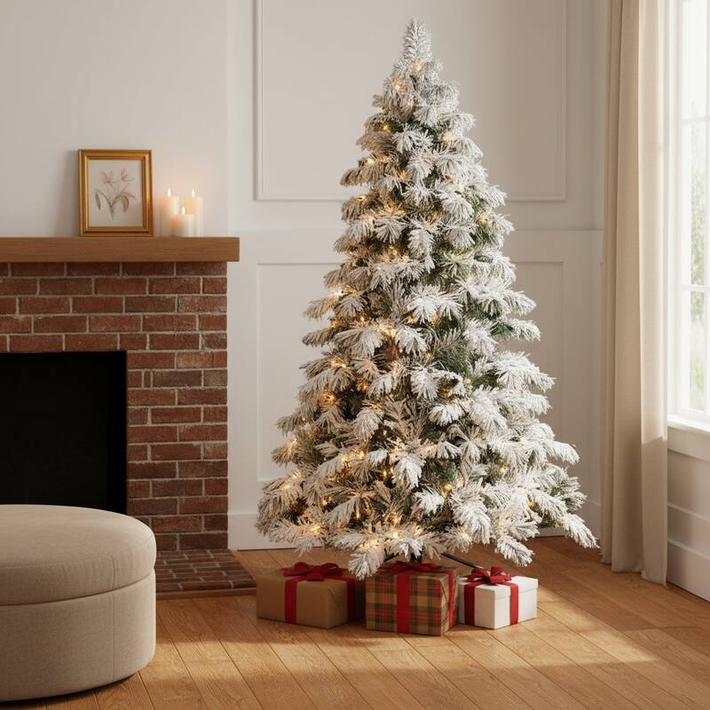 HomeRoots 8' Pre Lit Full Flocked Christmas Tree - Green - 60.00 in. x 96.00 in. x 60.00 in. - Green - 8 Foot