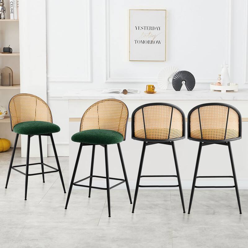 Upholstered Swivel Counter/ Bar Stools with Rattan Back - Set of 4 - Fabric-Green - Counter Height