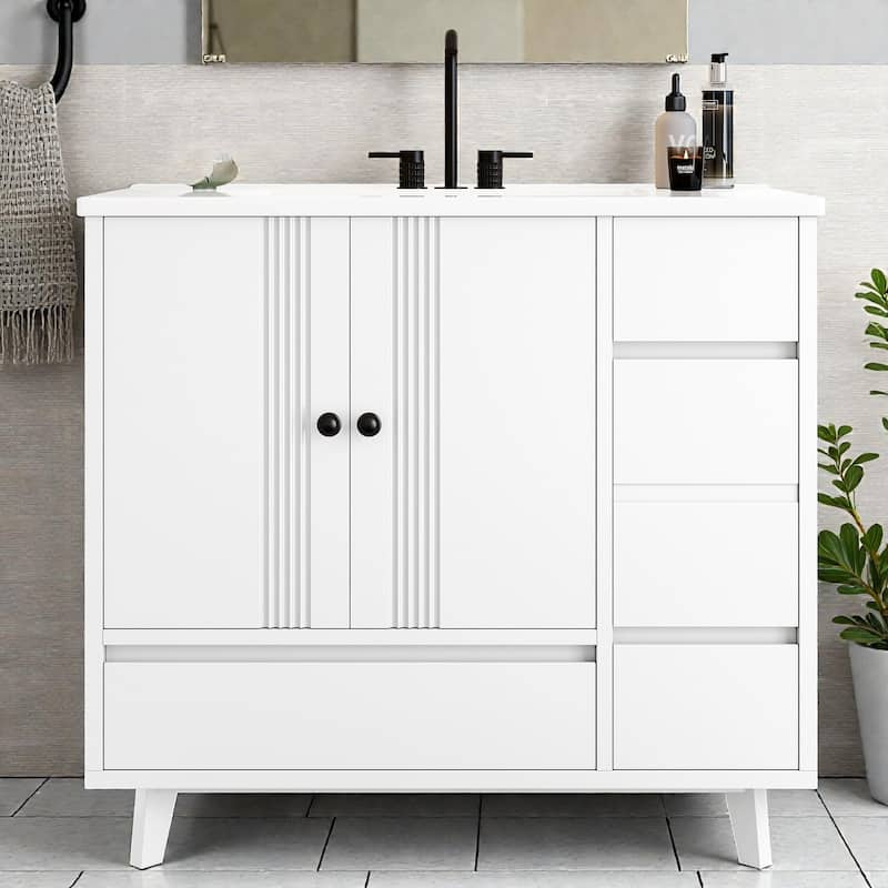 36" Bathroom Vanity with Sink, Freestanding Wood Cabinet with 4 Drawers and Side Storage Rack, Single Vanity - Light White