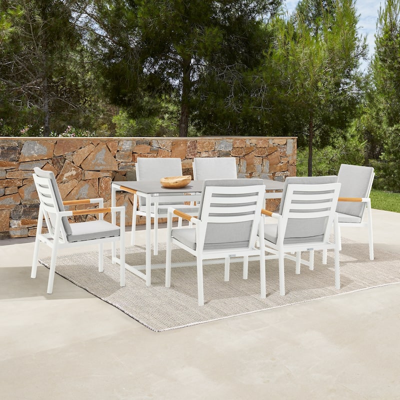 Royal Black or White Aluminum & Teak 63" Outdoor Dining Table with Stone Top