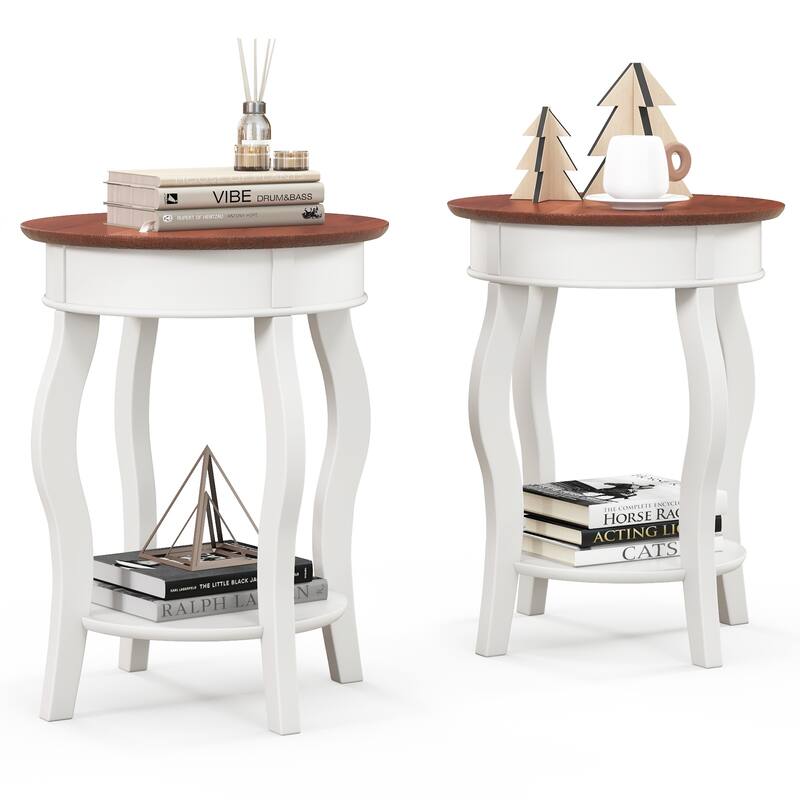 Gymax 2PCS 2-Tier Side Table w/ Storage Wooden Nightstand & Shelf & - White - MDF