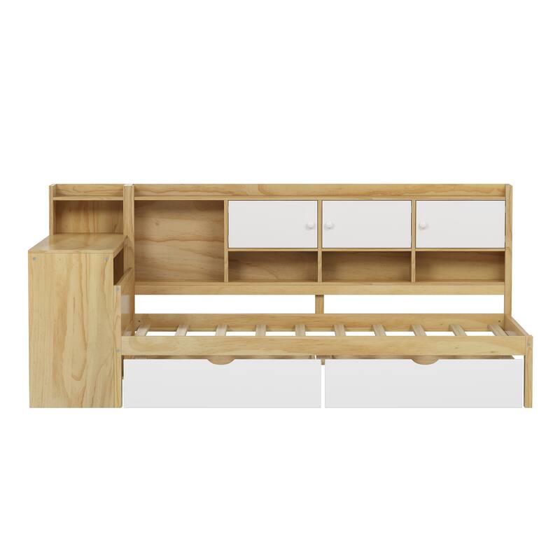 MDF Pine Loft Bed with L-Shape Design, Desk and Storage