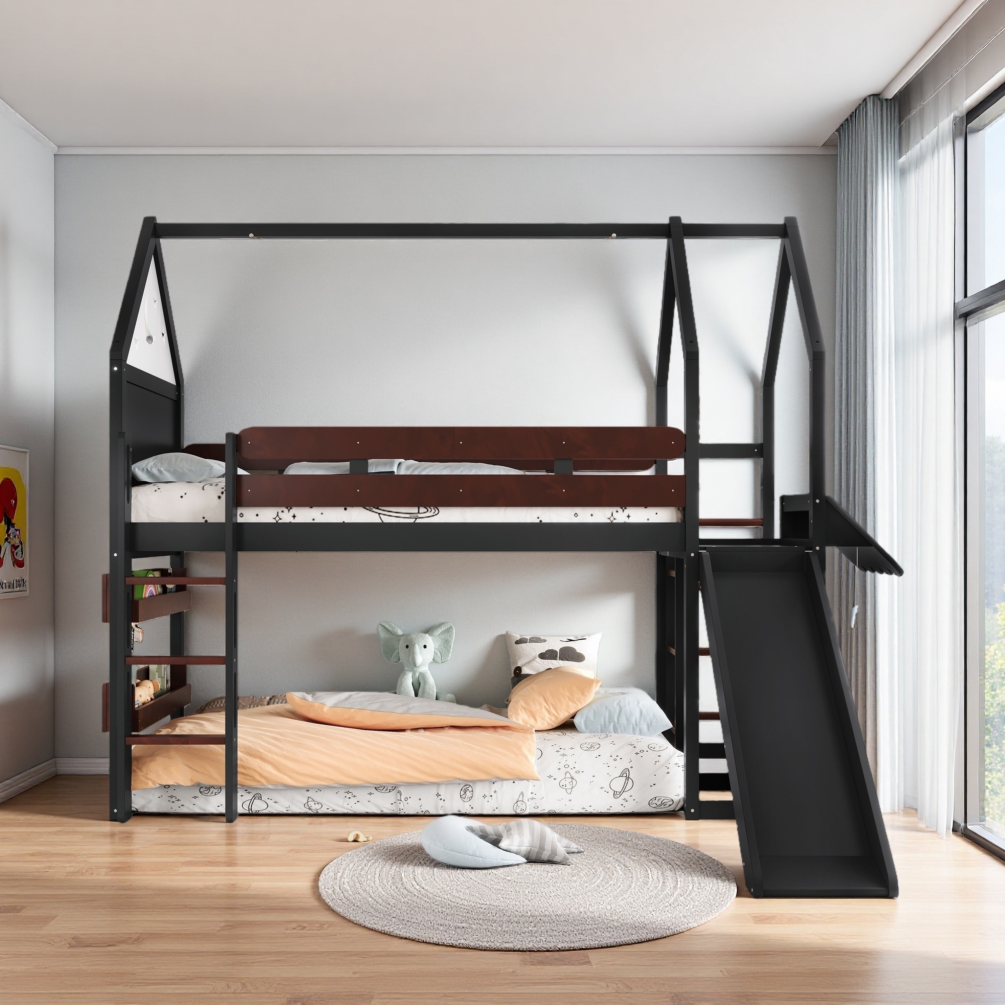 Twin Size Pine Wood Loft Bed with Slide & Built-in Bookshelf, Star & Moon House Design, Access Ladders, Safety Guardrails
