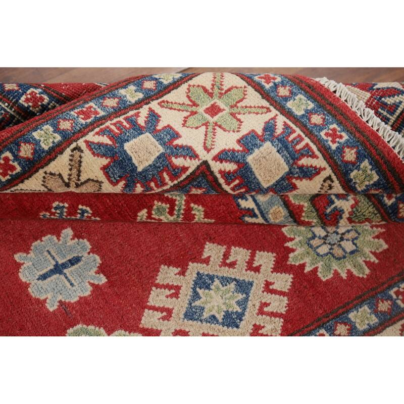 Red Geometric Kazak Oriental Accent Rug Hand-Knotted Wool Carpet - 3'11" x 6'3"