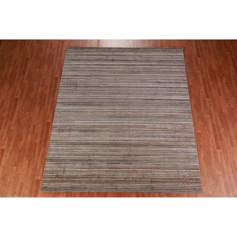 Striped Gabbeh Indian Area Rug Handmade Brown Wool Carpet - 8'0" x 9'8"