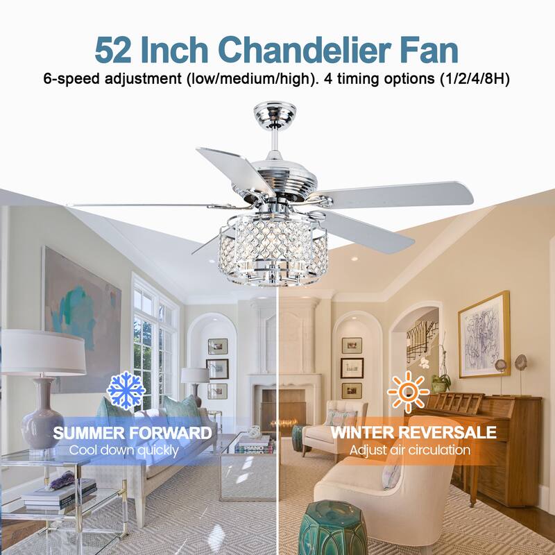 CurveCurio 52'' Modern Chrome Crystal Ceiling Fan w Remote, 4 Wooden Blades & Crystal Light Shade, Quiet DC Motor Ceiling Fan
