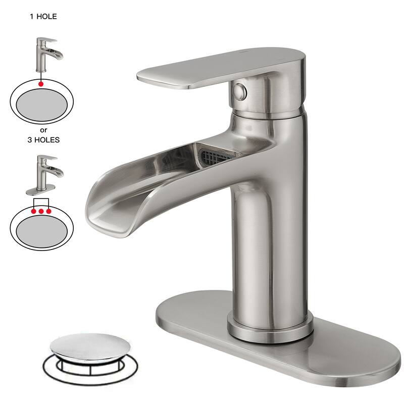 Single Handle Waterfall Spout Sink Faucet with Drain Assembly - Brushed Nickel
