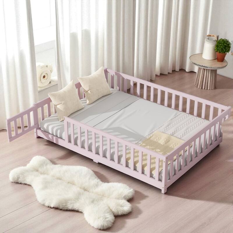 Full Size Rubber Wood Floor Bed with Fence, Door and Safety Guardrails for Kids