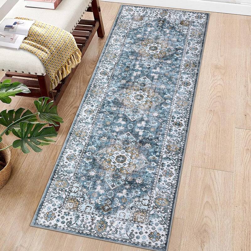 Washable Rug Vintage Medallion Area Rugs for Living Room Bedroom, Non-Skid Low Pile Floral Rug Soft Foldable Rug - 2'x6' - Blue