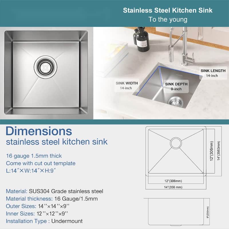 Undermount Single Bowl Stainless Steel Kitchen Sink 16 gauge-ALL SIZE