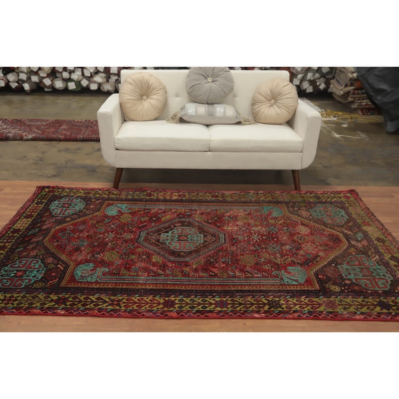 Hand Knotted Oriental 100% Wool Carpet Traditional Tribal Red Qashqai Area Rug - 8' 0'' X 5' 0''
