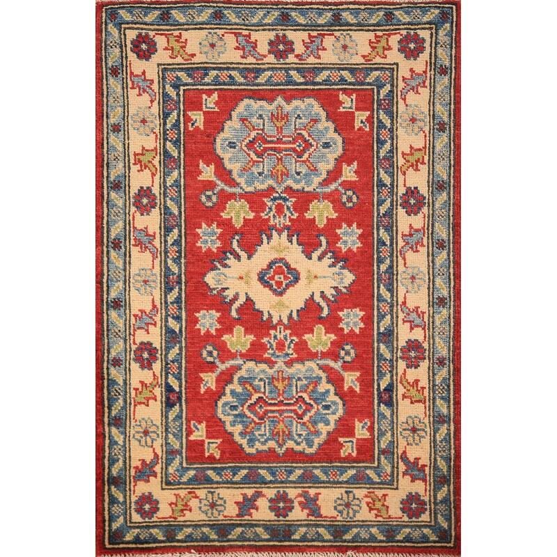 Geometric Kazak Accent Rug Traditional Handmade Red Wool Carpet - 2'0" x 3'0"