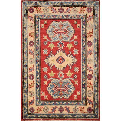 Geometric Kazak Accent Rug Traditional Handmade Red Wool Carpet - 2'0" x 3'0"