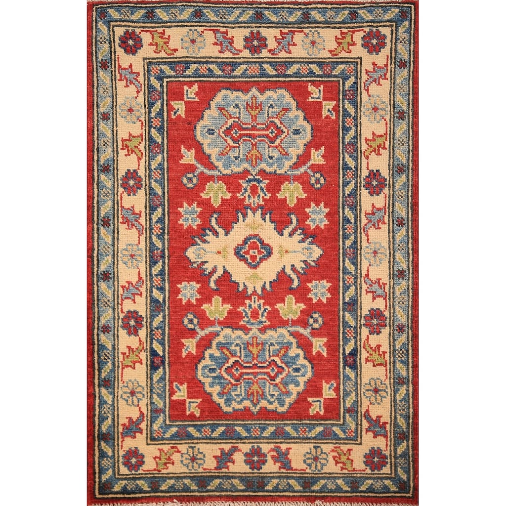 Geometric Kazak Accent Rug Traditional Handmade Red Wool Carpet - 2'0" x 3'0"