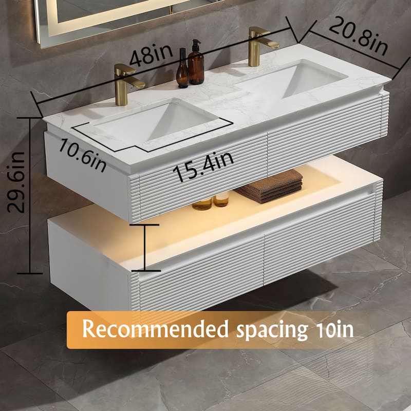 Modland 36/48 Inch LED Floating Vanity with Marble Top & Soft-Close Drawer - Green/White, Wall Drain Ready
