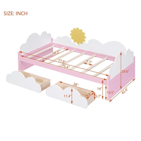 dimension image slide 0 of 4, Twin Size Bed with Cute decoration,Platform Bed with 2 Drawers