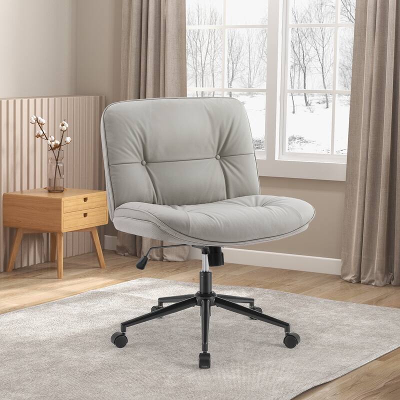 Armless Office Desk PU Leather Wide Seat with Wheels - Khaki