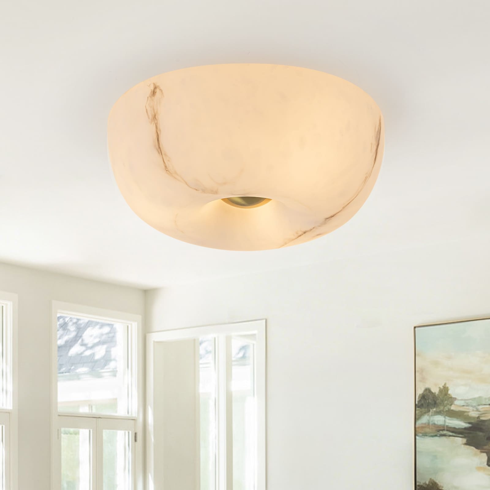 3-Light Antique Flush Mount Ceiling Light with Faux Marble Glass Shade - Dia.11.81 inch