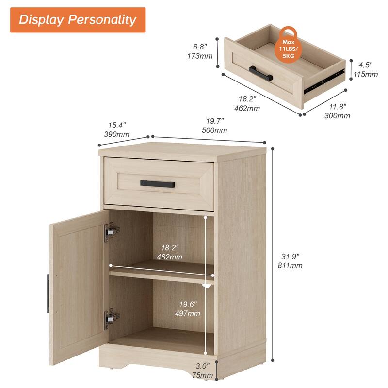 WAMPAT Nightstand with 1 Drawer&1 Door for Bedroom, Living Room
