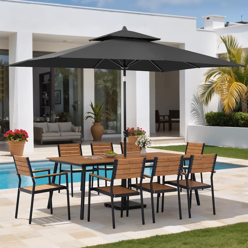 11PC Outdoor Patio Dining Set Wood-Like Aluminum Table with Stackable Armchairs,Double Top Market Umbrella and Wheel Base - BrownTable&BrwonChairs&BlackUmbrella