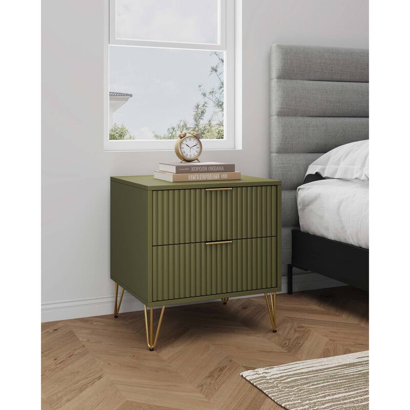 20-Inch Fluted Nightstand with 2 Drawers, Gold Metal Handles, and Splayed Legs in Olive Green